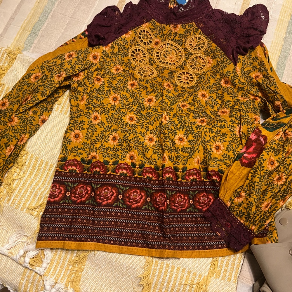 Anthropologie Farm RIO Burgundy Lace Top with Floral Design